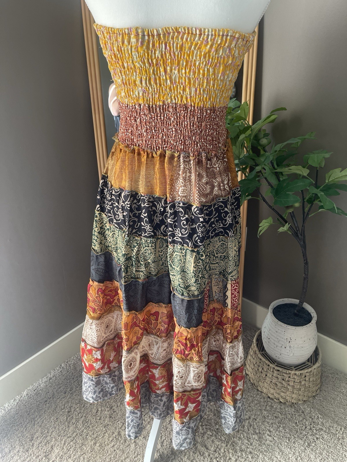 Silk Strapless Smocked Floaty Ruffle Hippie Dress Pre-owned