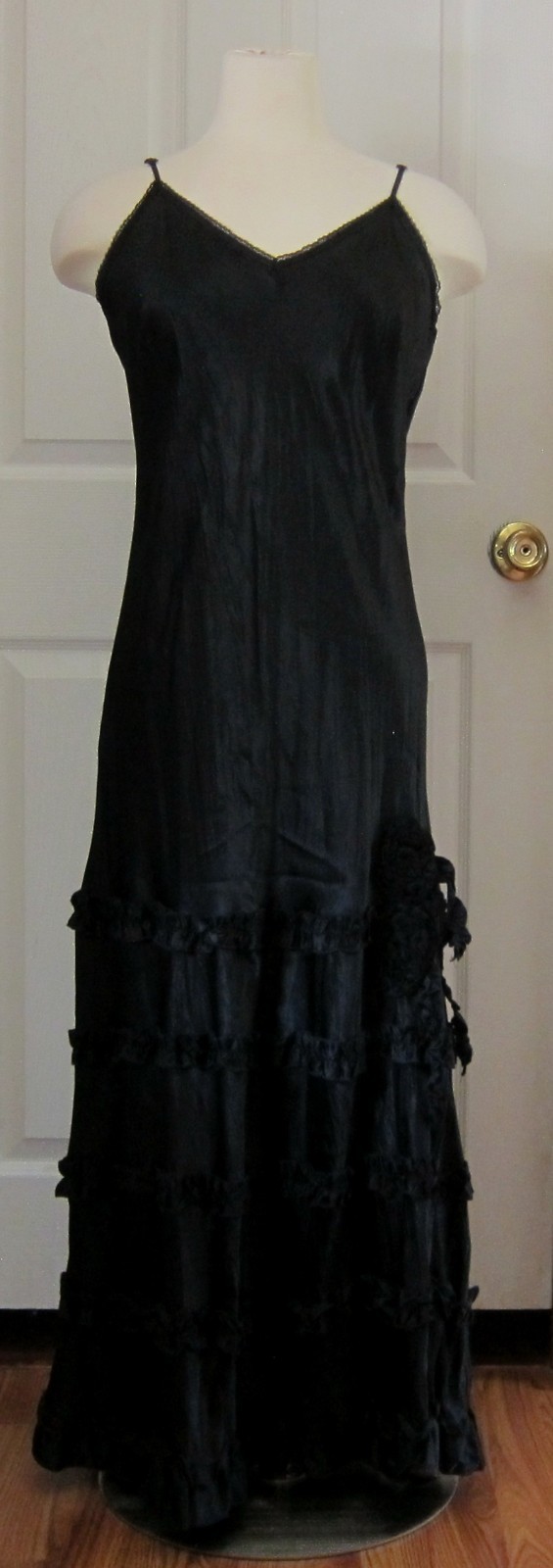 SEXY MAXI BLACK SLIP DRESS RUFFLED ROSES ADJUSTABLE STRAPS NEW W/O TAGS SZ L
