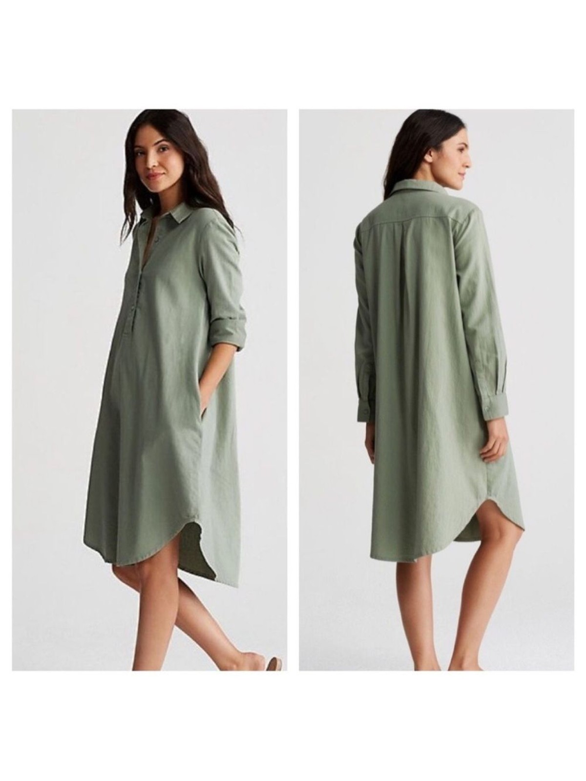 Eileen Fisher Glen Organic Twill Collar Dress Size Small Long Sleeve Green NEW