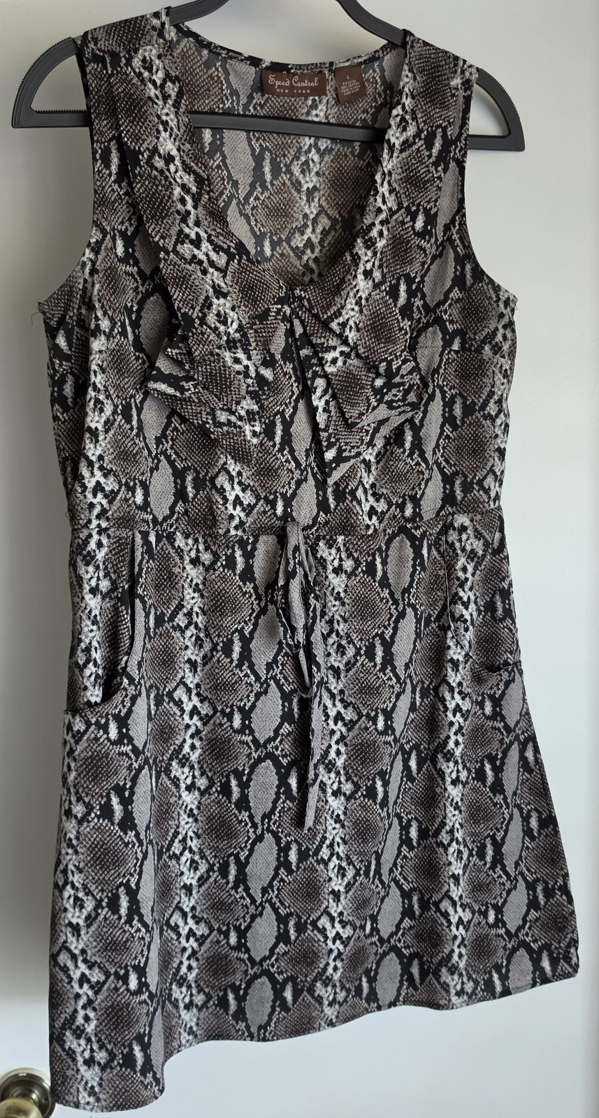 Vintage Speed Control L Sleeveless Collared Cotton Dress Animal Print Grey Brown