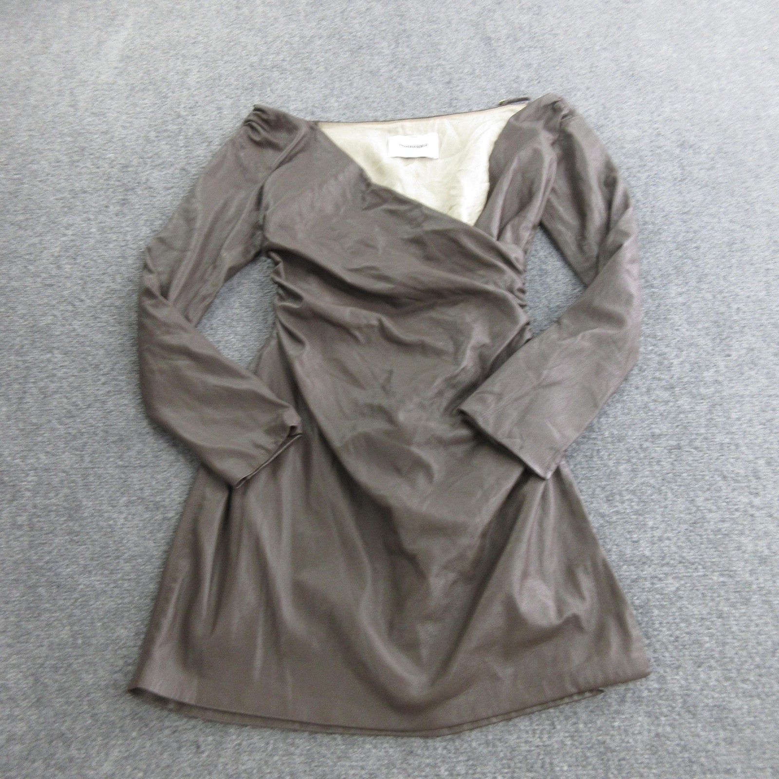 Nanushka Dress Womens S Brown Faux Leather Wrap Ruched Long Sleeve Short Bodycon