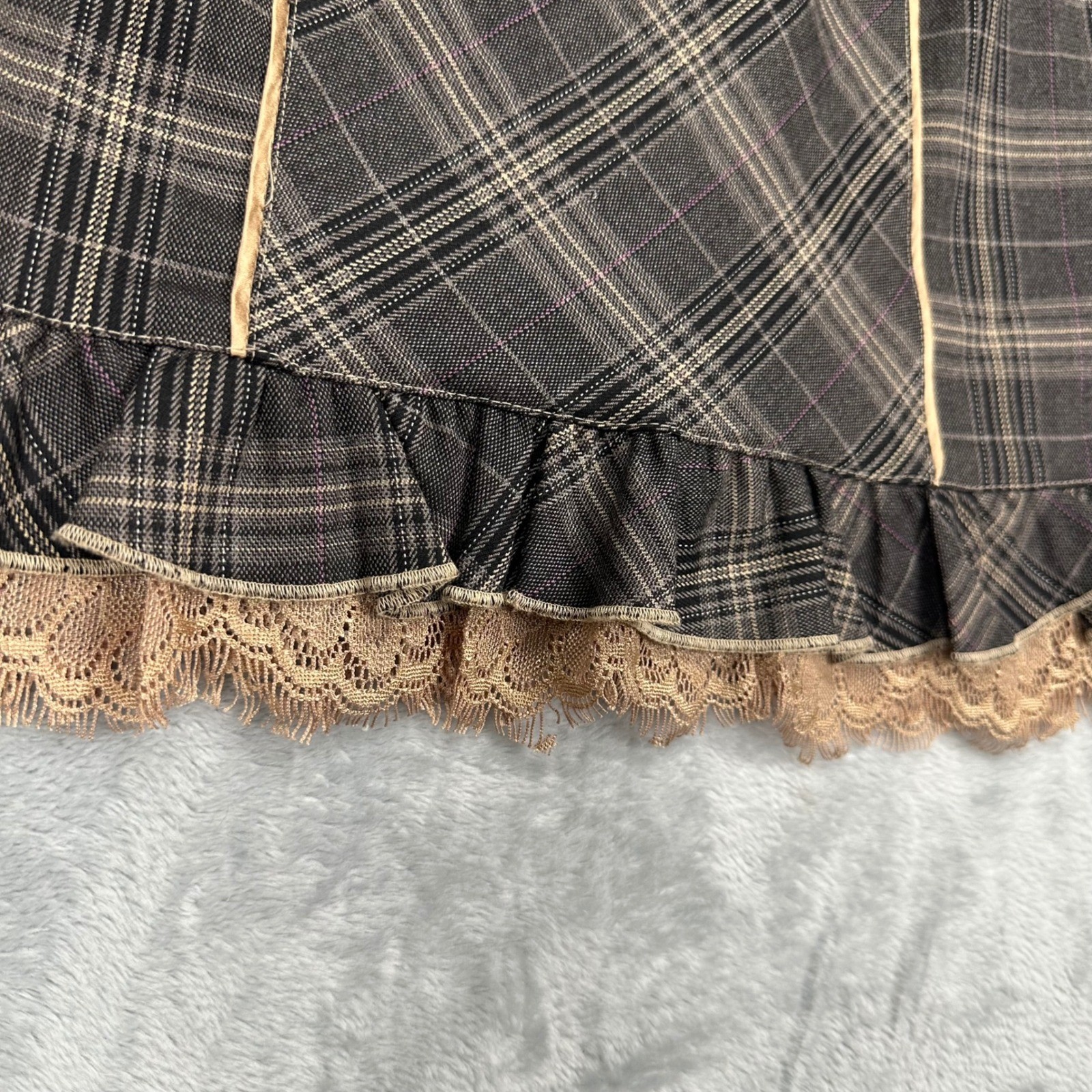 Y2K Bebe Plaid Halter Mini Dress Brown Tan Satin Trim Lace Ruffle Size 0