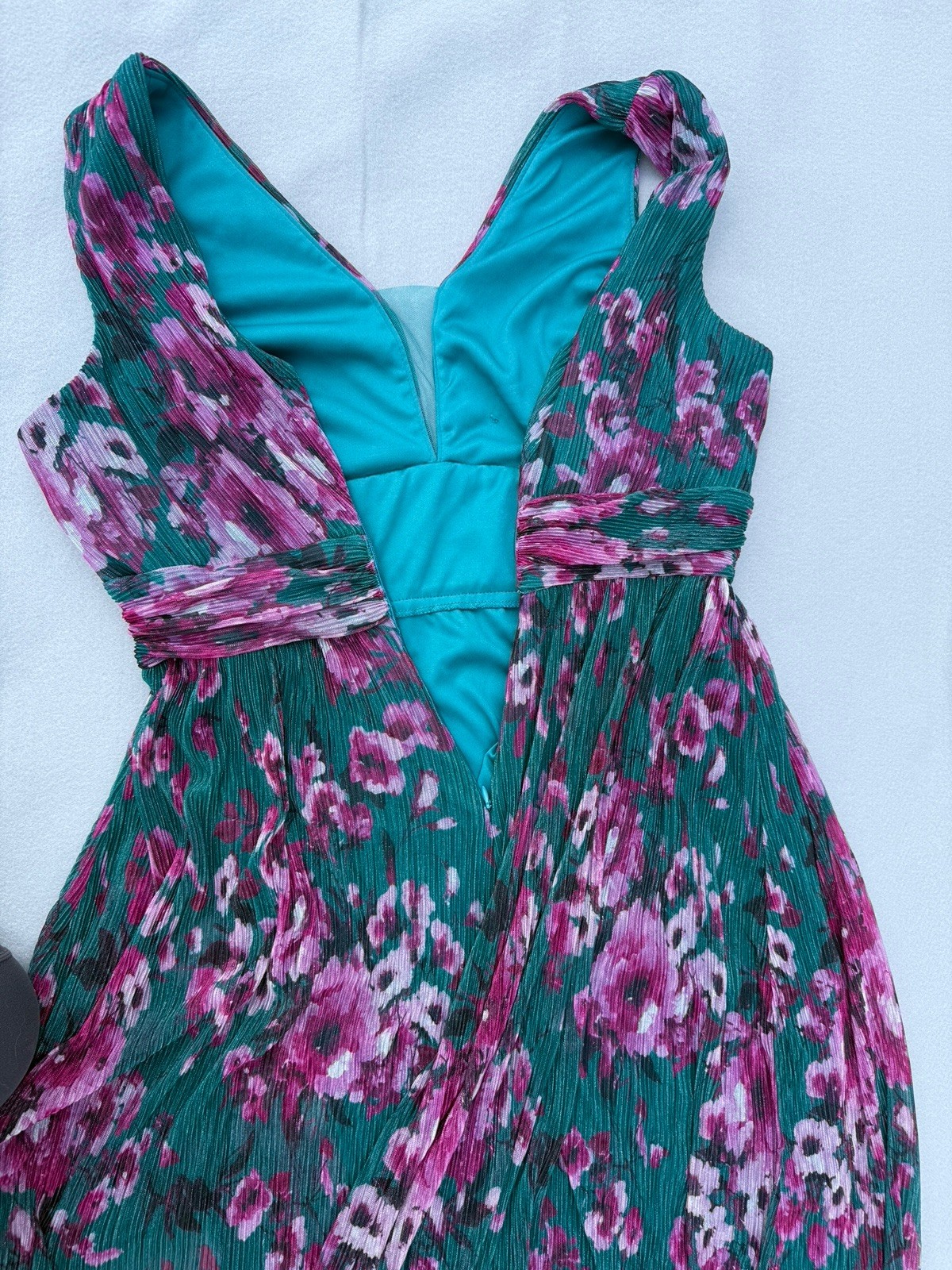 R&M Richards Women’s Floral Pleated Maxi Dress – Teal/Purple Shimmer – Size 18