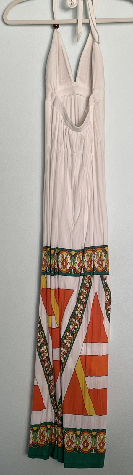 Halter Maxi Dress White S Empire Waist Lined Aztec Floral Hippie Boho Resort
