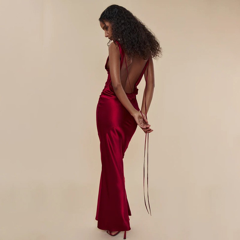 Women’s Satin Cowl Neck Backless Lace-Up Maxi Dress S-L 2 Colors