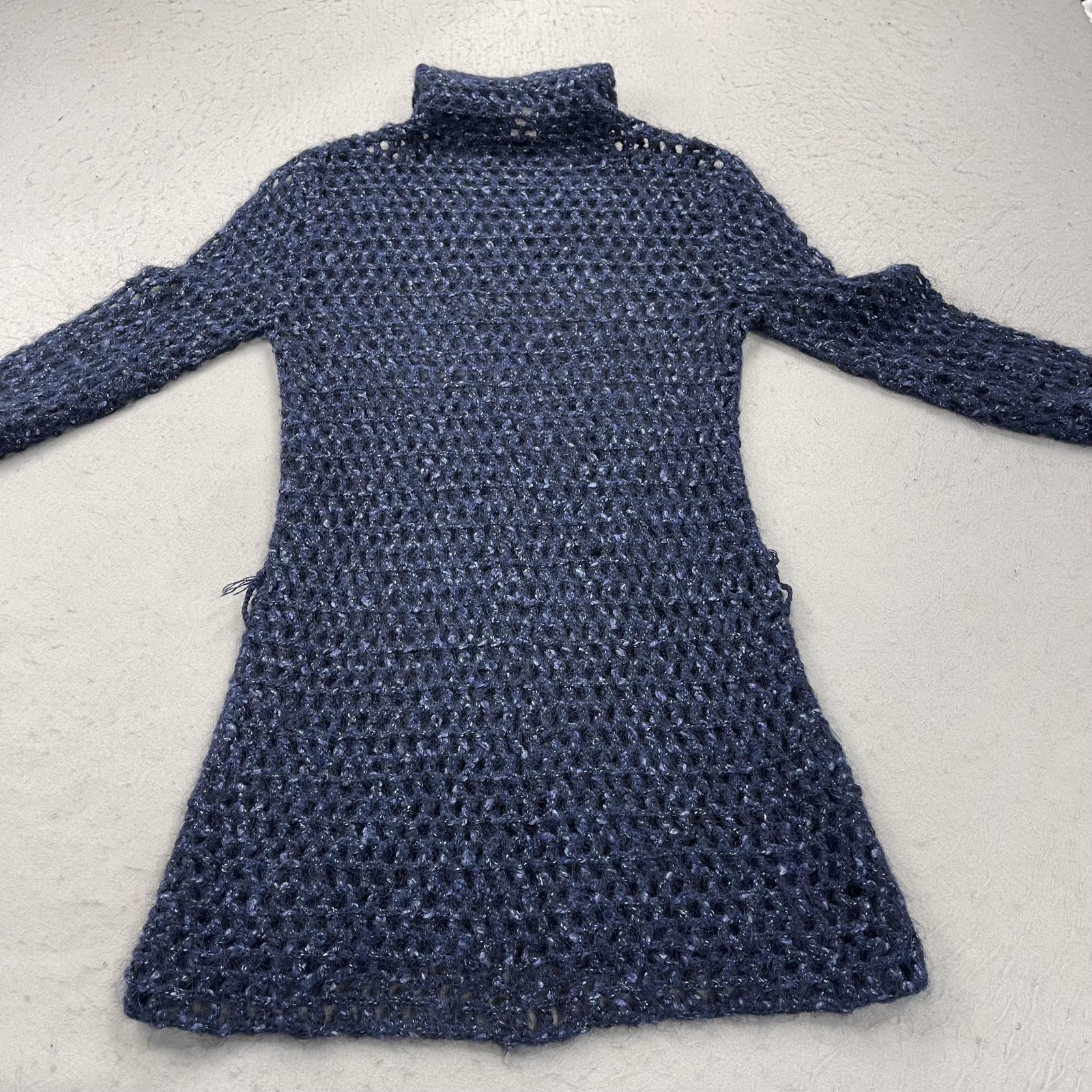 Free People Sweater Dress Womens Medium Blue Mohair Open Knit Sheer Turtleneck