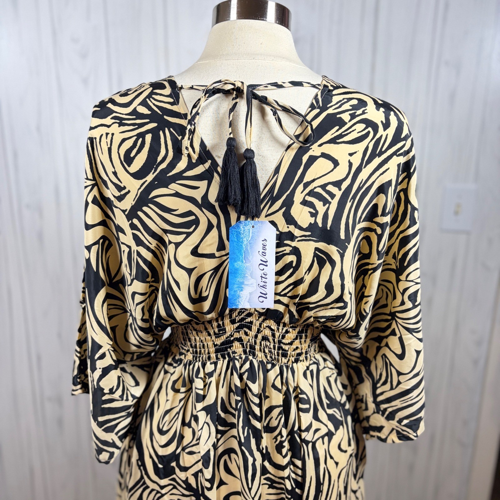 NWT WHITE WAVES 100% Silk Kimono Sleeve Beach Boho Maxi Dress, L/XL