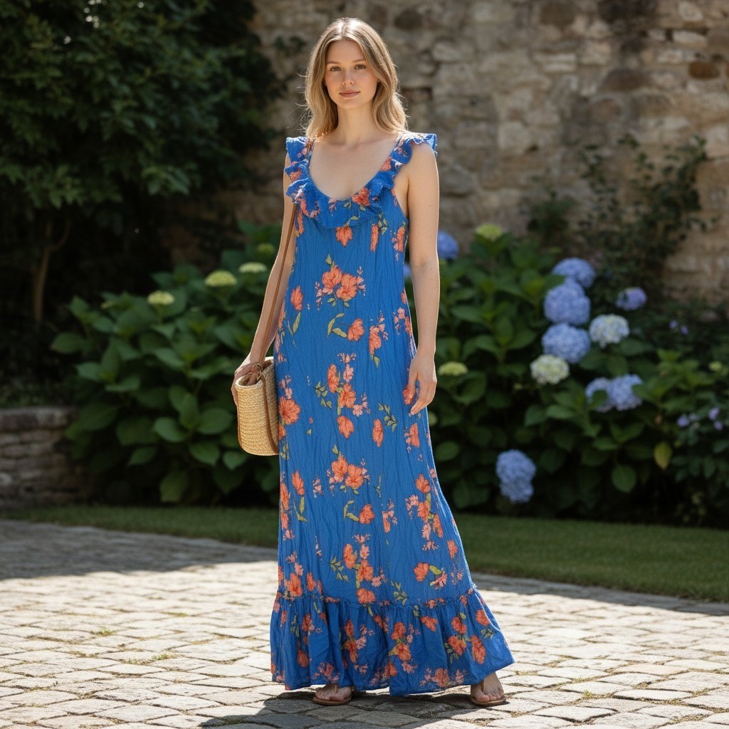 Jessica Simpson Maxi Dress Womens Medium Blue Floral Ruffle Tiered Boho