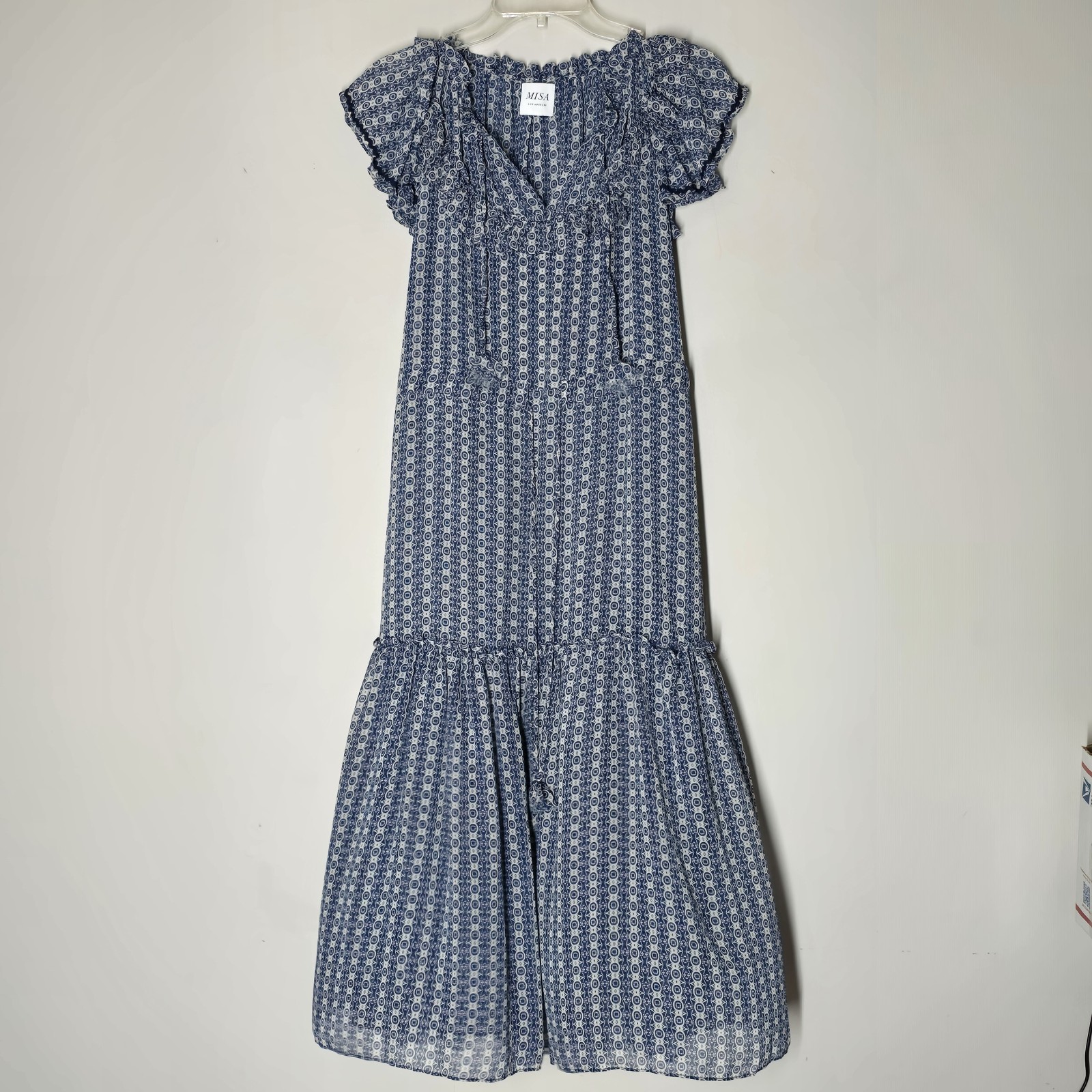 MISA Los Angeles Chiffon Midi Dress Blue Geometric Ruffle Boho Size S