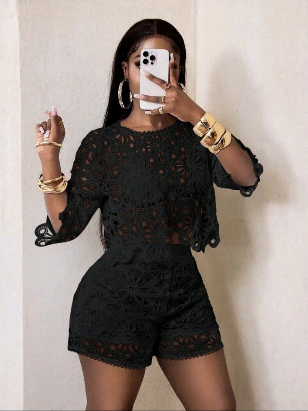 BamGleam Sexy Cut Out Lace See-Through Flare Sleeve Four Seasons Knit Women’s
