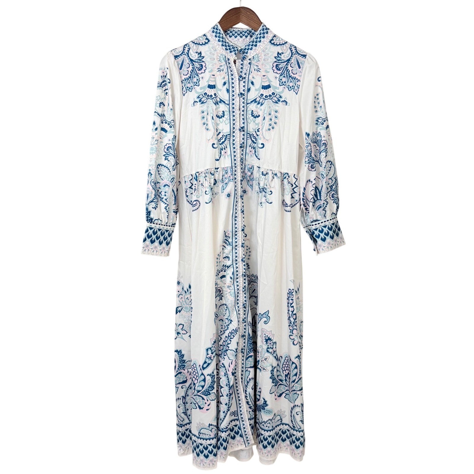 NWT Commense Maxi Dress Womens S White Blue Print Full Button Resort Coquette