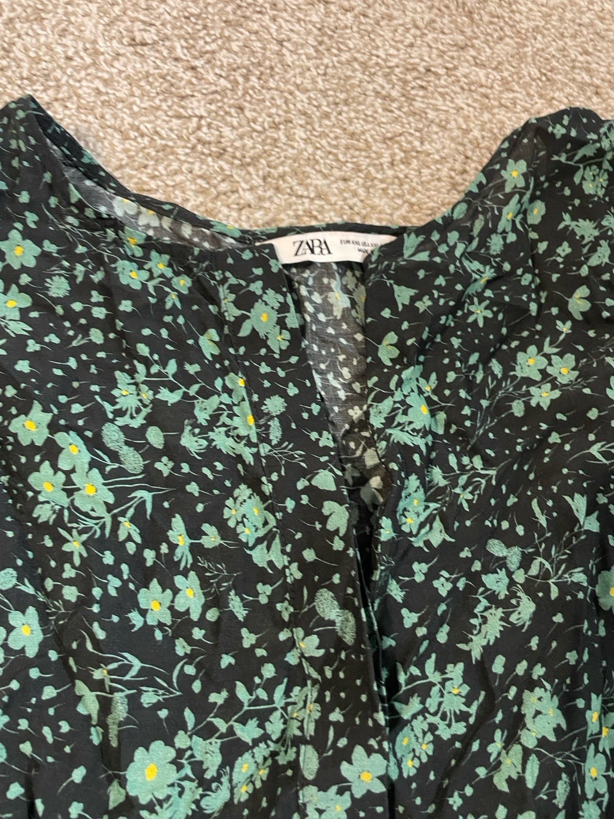 ZARA Black Green Floral Button Top Elastic Cuff Maxi Dress Sz XXL