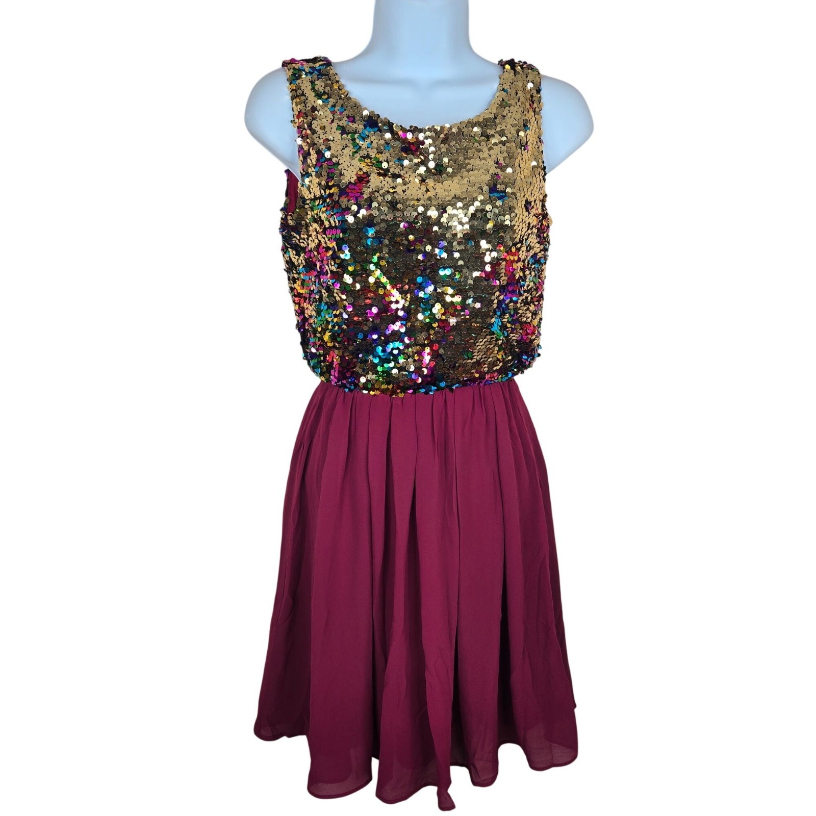 NEW Alythea Rainbow Sequin Burgundy Chiffon Skater Dress Size S Mini Party
