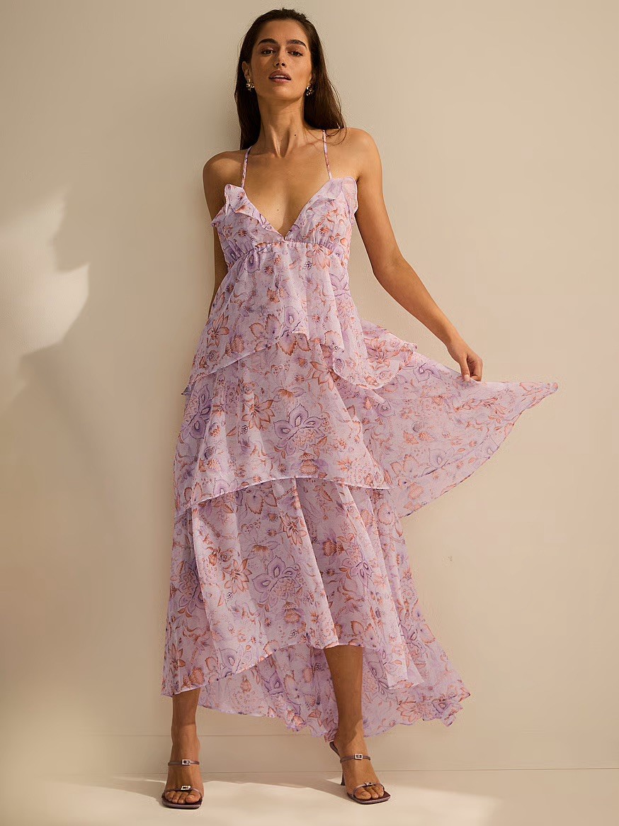 Victoria Secret Vintage Blossom Chiffon Ruffled Maxi Dress Violet Floral Fairy