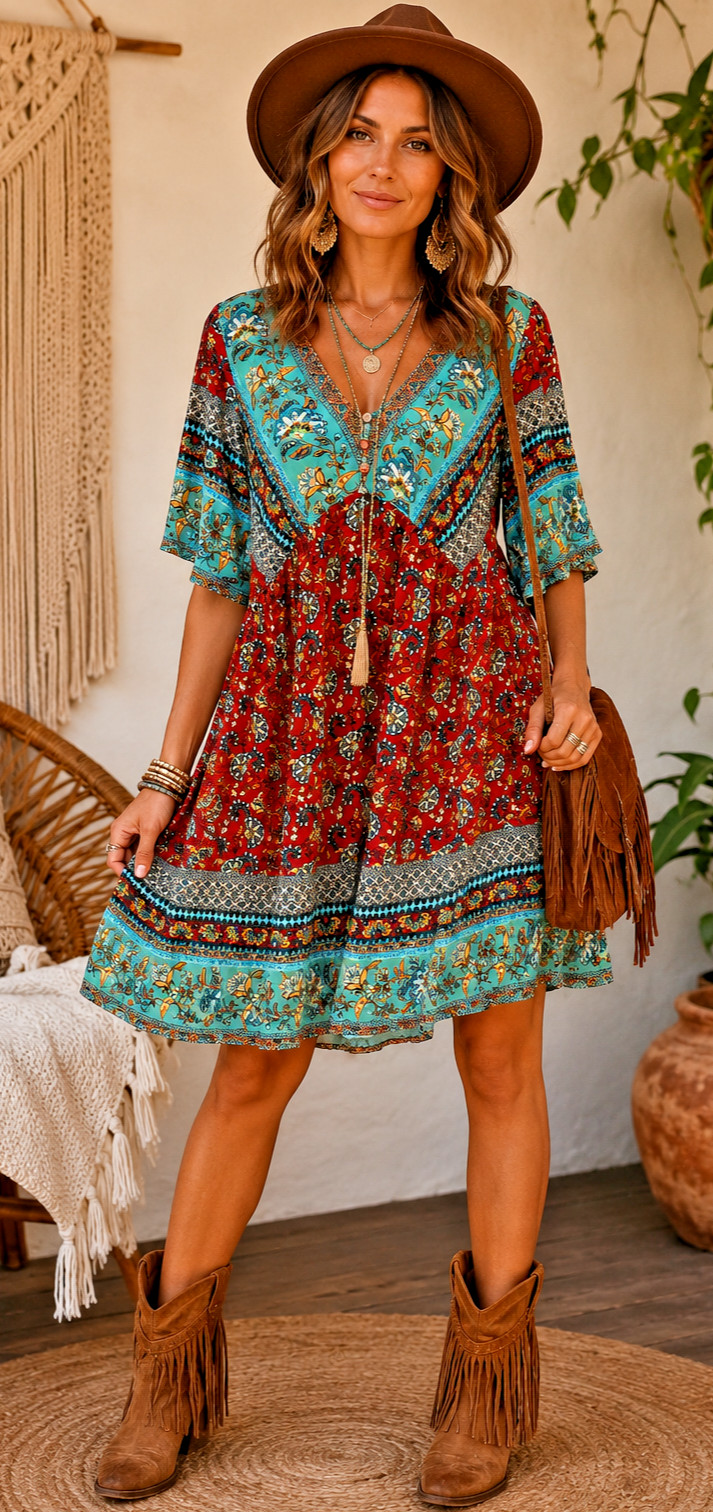 Suzanne Betro Womens Bohemian half Sleeve Red Floral Multi Hippie Boho, Sz M