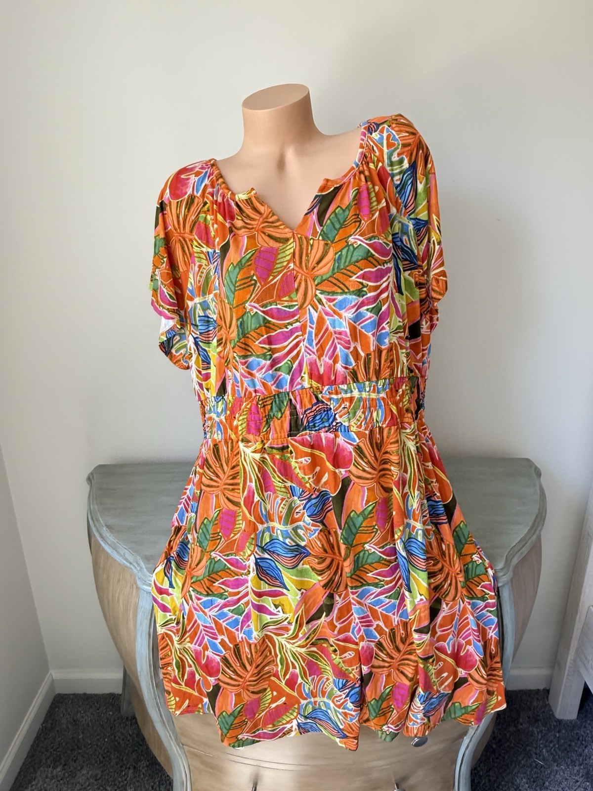 Coastal Grandma T Shirt Dress 2X Floral Tropical Jersey Coral Plus Resort Wear