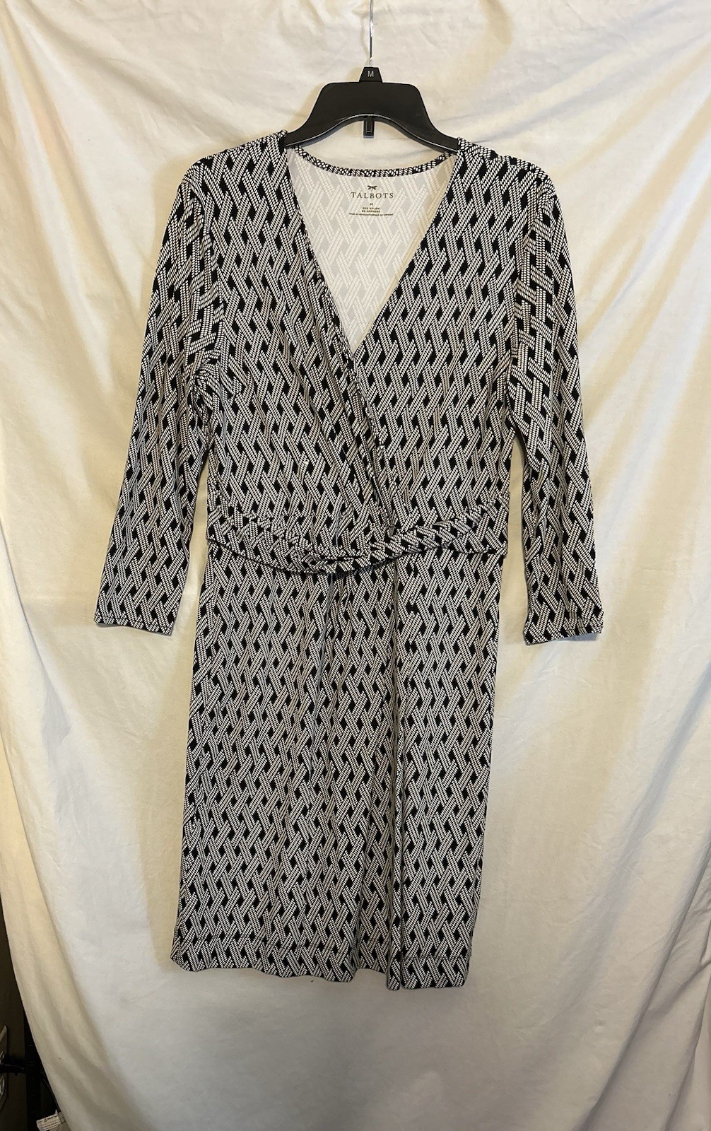 Talbots Womens Medium Black White Lattice Faux Wrap Dress Classic Business