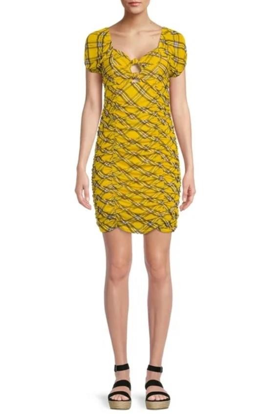 NEW NWT Golden Yellow Plaid Sz Jr Large Stretchy Lined Bodycon Dress MADDEN NYC