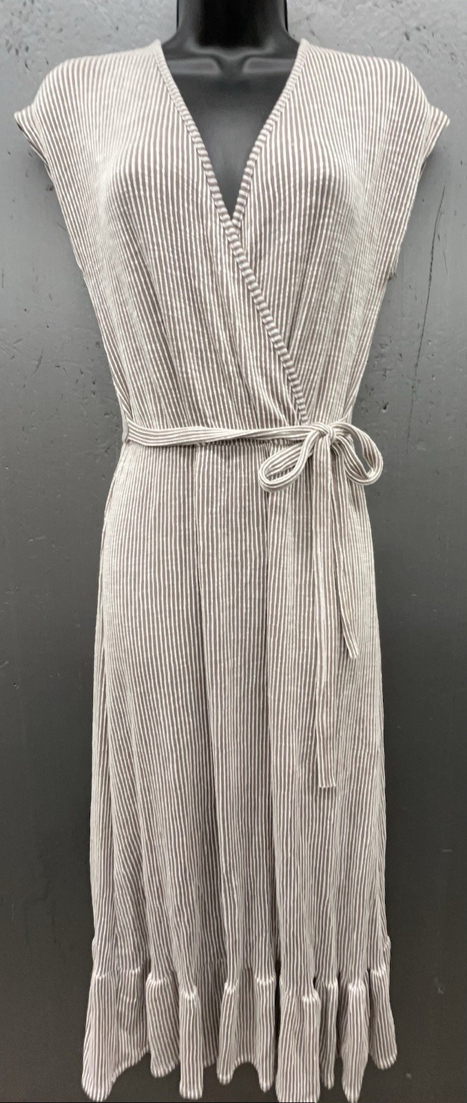 Faux Wrap Dress M Brown White Stripe Ribbed Ruffle Stretch Coastal Cottage Boho