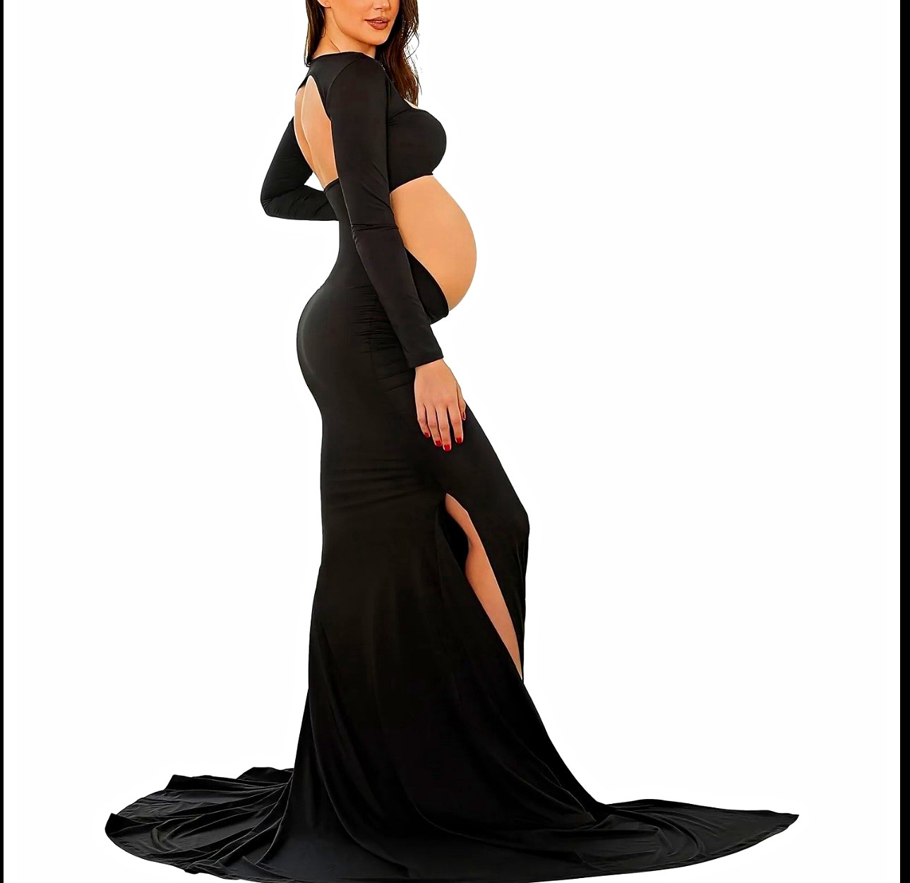 Black Maternity Maxi Dress M Knit Stretch Square Neck Backless Side Slit