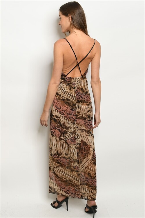 Brown and Pink Snakeskin Animal Print Maxi Dress Size Small V Neck Strappy