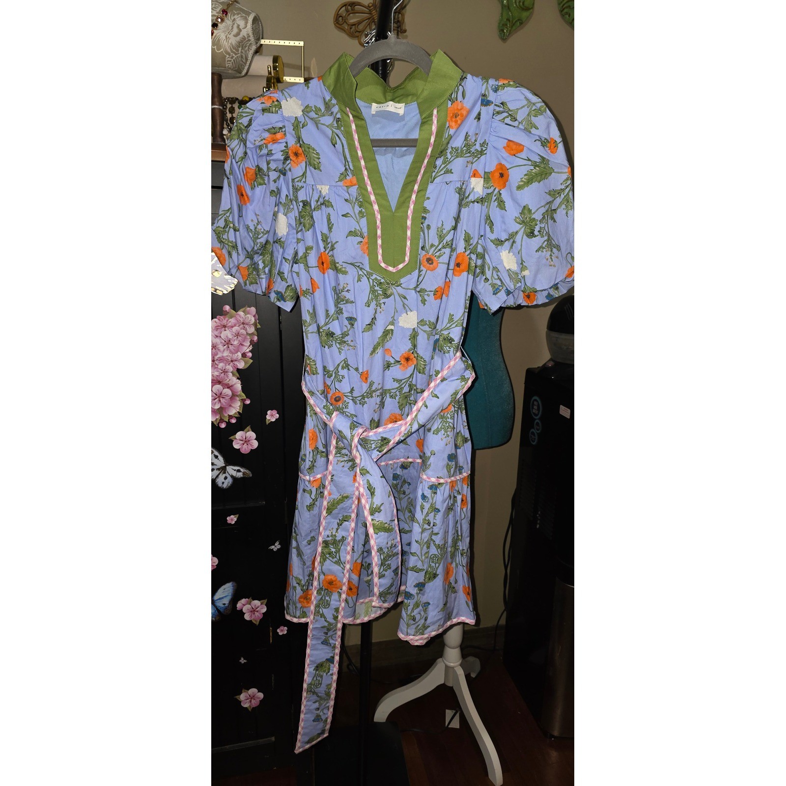 Entro Floral Puff Sleeve Mini Dress Blue Orange Gingham Trim Belted Small