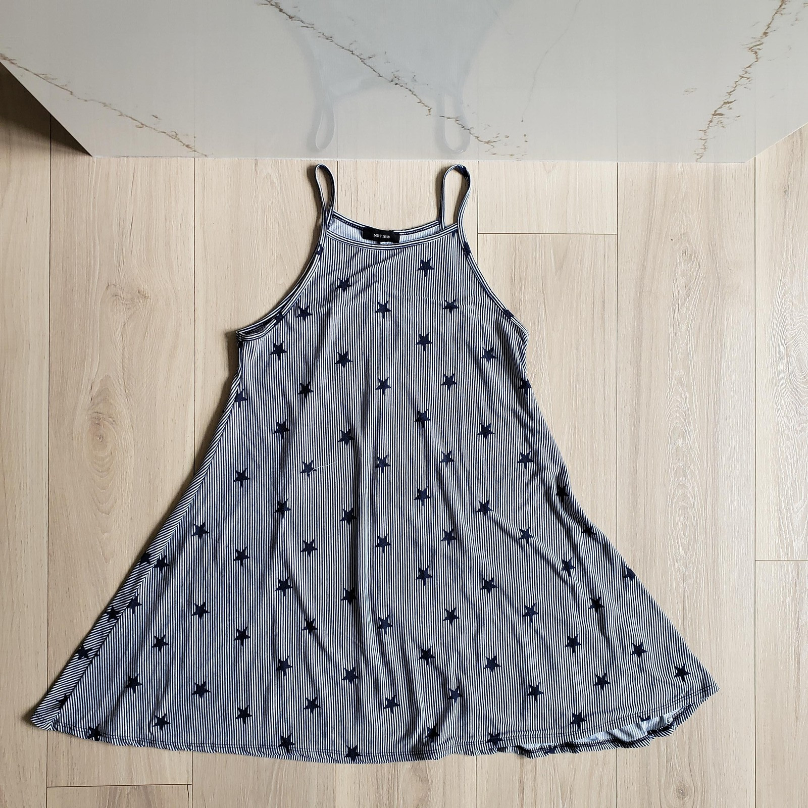 Stars Striped Tank Dress Womens M Blue High Neck Swing Patriotic Sundress Summer