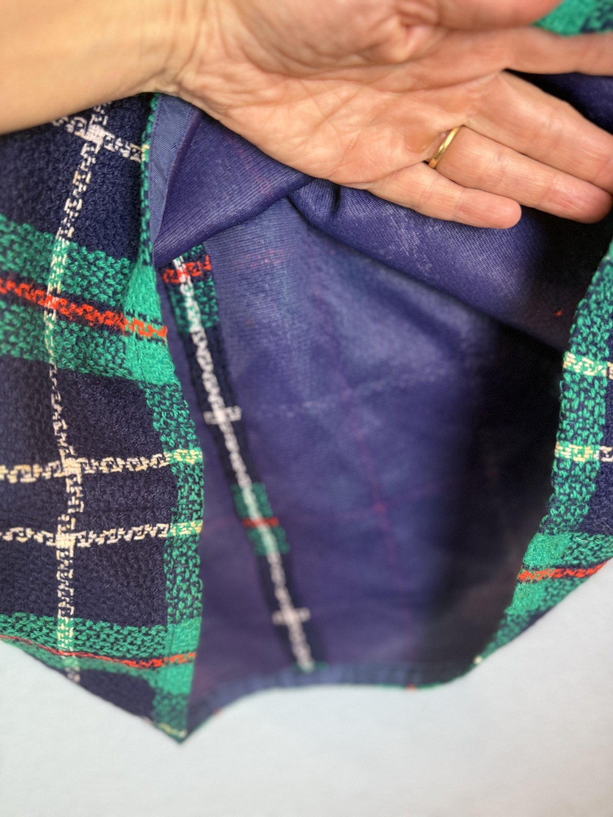 Vintage Plaid Dress Womens Medium Green Blue Sleeveless Mod Style Lined 60s 70s