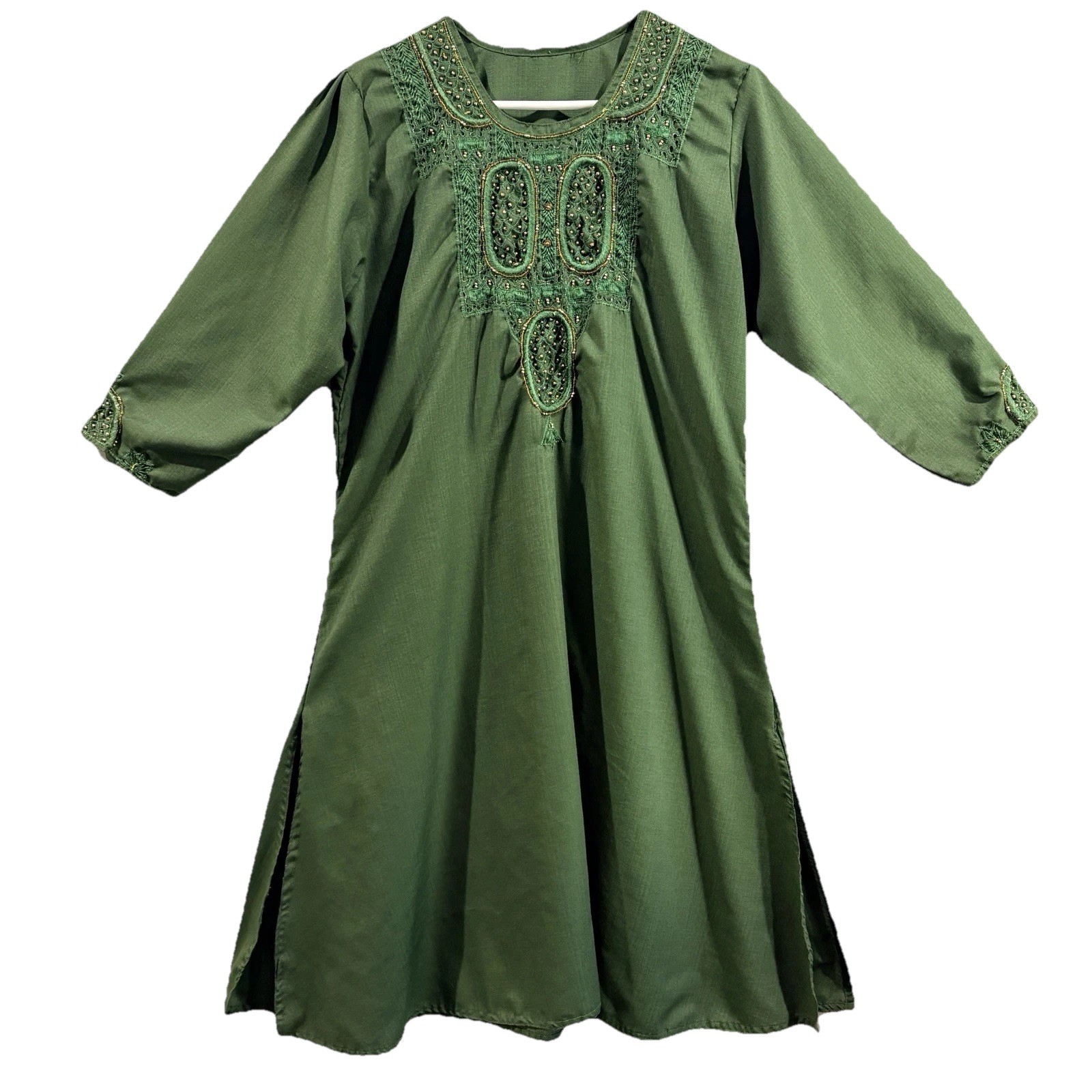 Tunic Dress Green Embroidered Shift Casual Flowy Boho Cottagecore