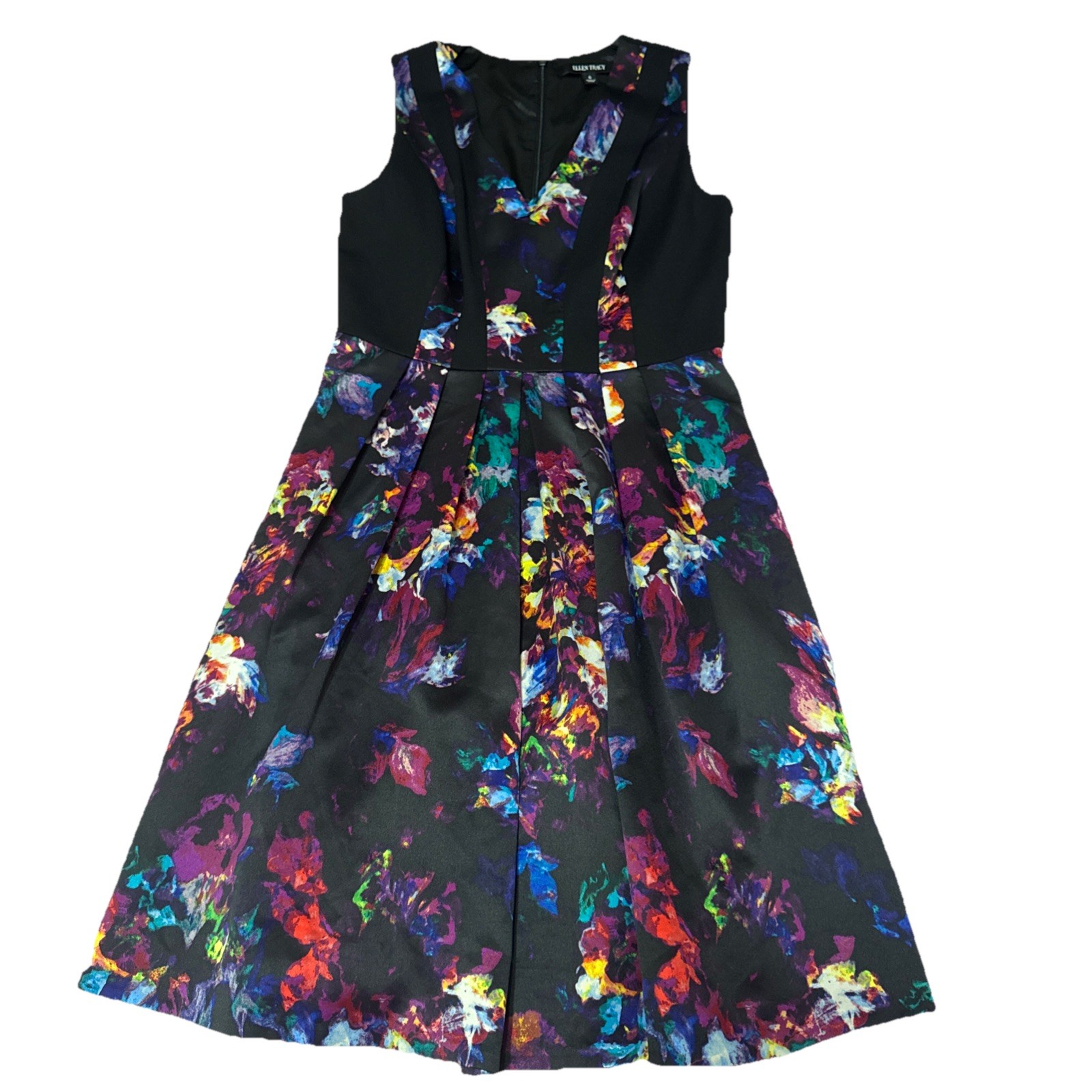 Linda Allard Ellen Tracy Women’s Black Floral Sleeveless Dress Size 6 V-Neck