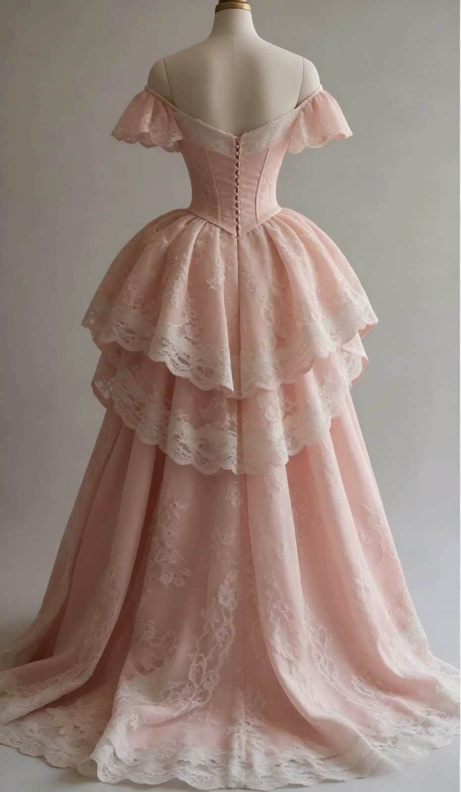 Off Shoulder Pink Lace Corset Ruffle Train Rococo Victorian Vintage Ball Gown