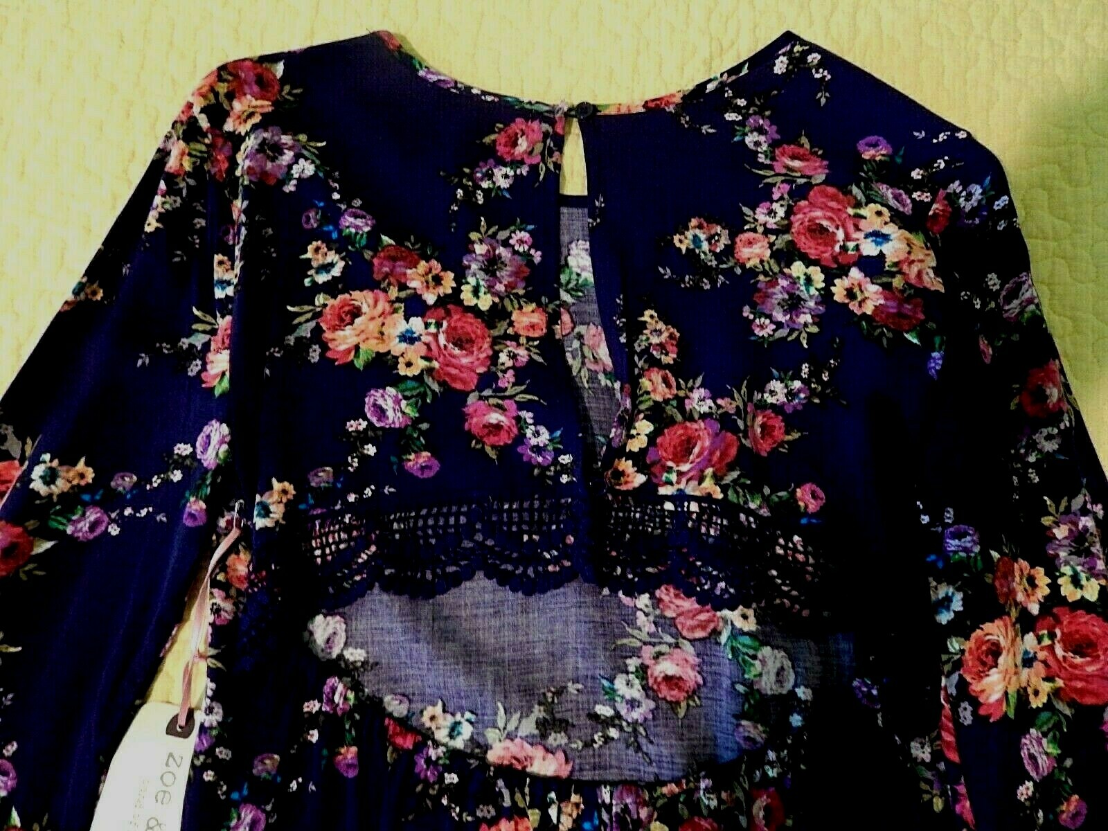 Zoe & Rose -Long Sleeve Boho Navy Floral Mini Dress Open Back Size Small – NWT