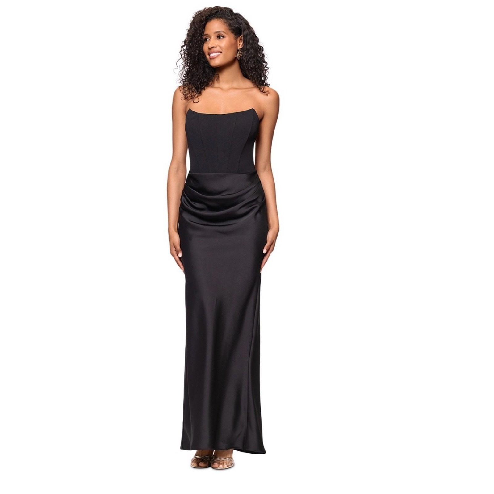 NEW Betsy and Adam Debra strapless corset mixed media draped gown in black Sz 8