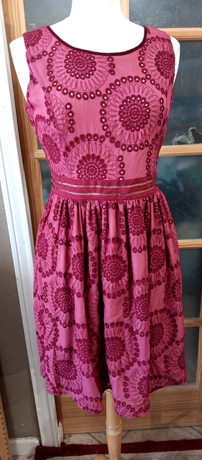 RYU Dress Fit Flare Crochet Cutout Lined Wine Boho Cottage Festival Sz L Knee