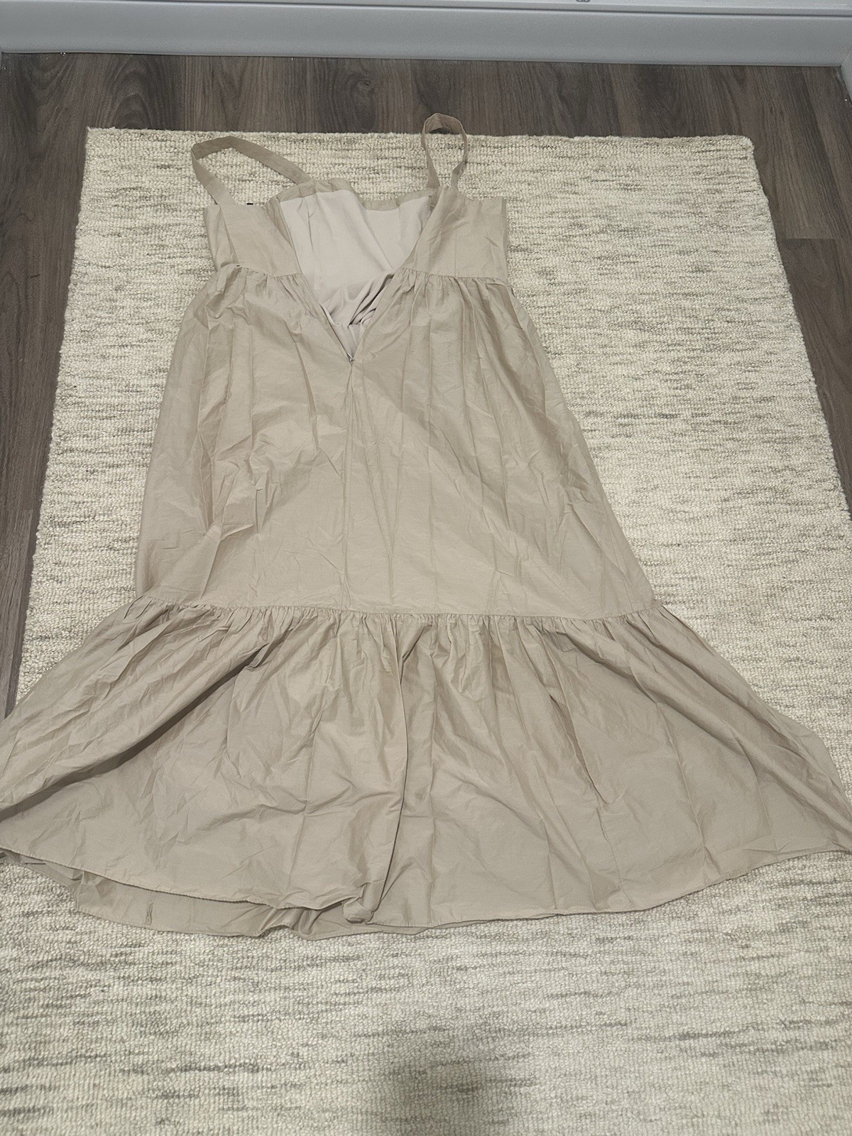 Theory Women’s 4 Beige Solid Poplin Midi Dress Sleeveless Straps V-Neck