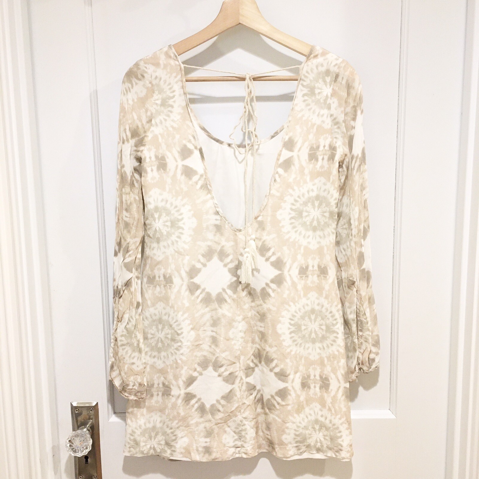 Winston White Bardot Dress Cream Tie Dye XS Boho Tassels Open Back Bell Sleeve