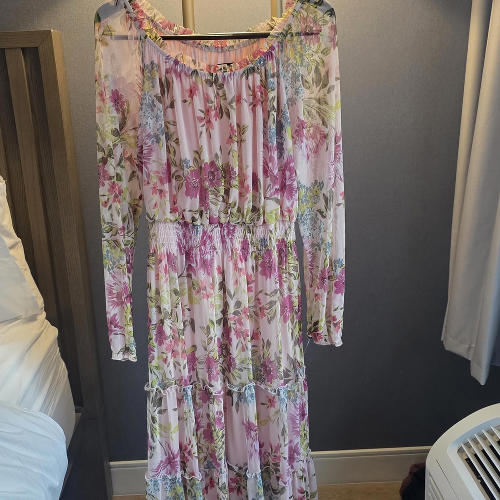 Kate & Lily Pink Floral Midi Dress with Sheer Long Sleeves and Elastic Waist, UK