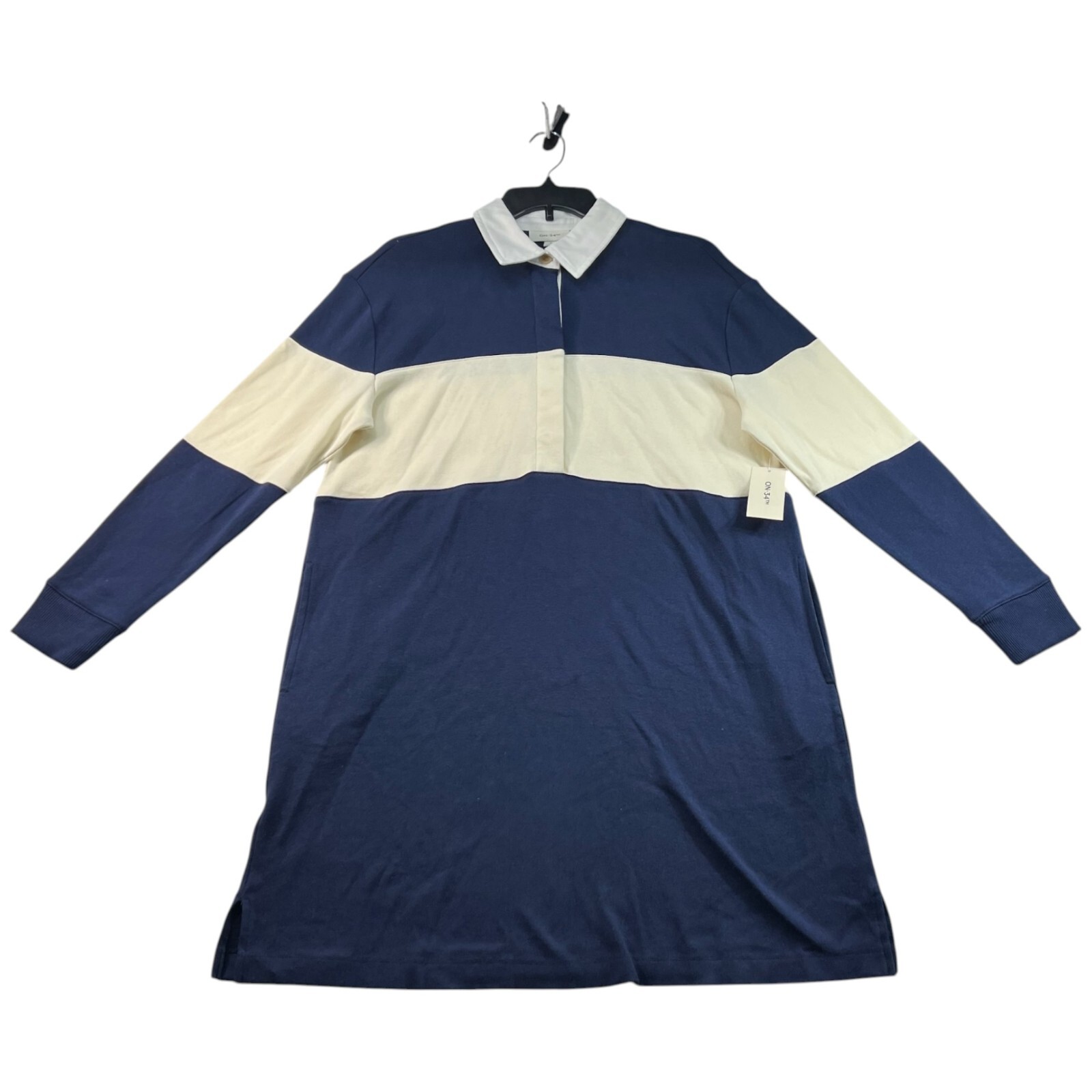 On 34th Shirt Dress Womens Size Small Navy Blue Ivory Striped Cotton Lng Slv New