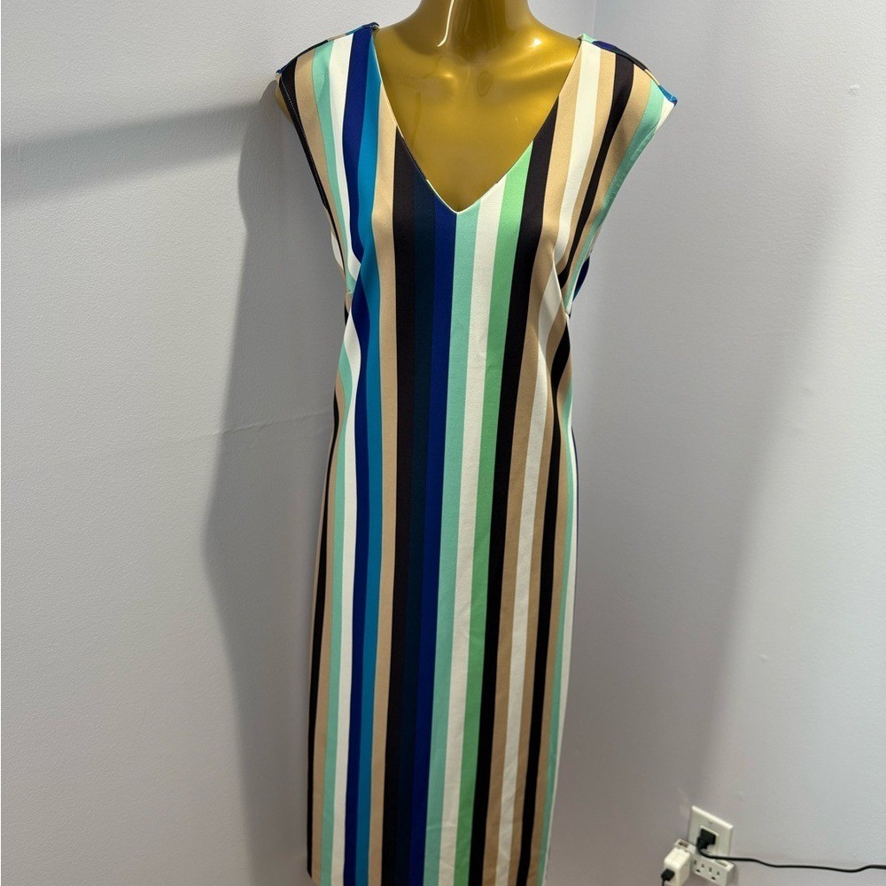 ECI New York Womens Blue Green Striped V-Neck Sleeveless Tie Waist Midi Dress L