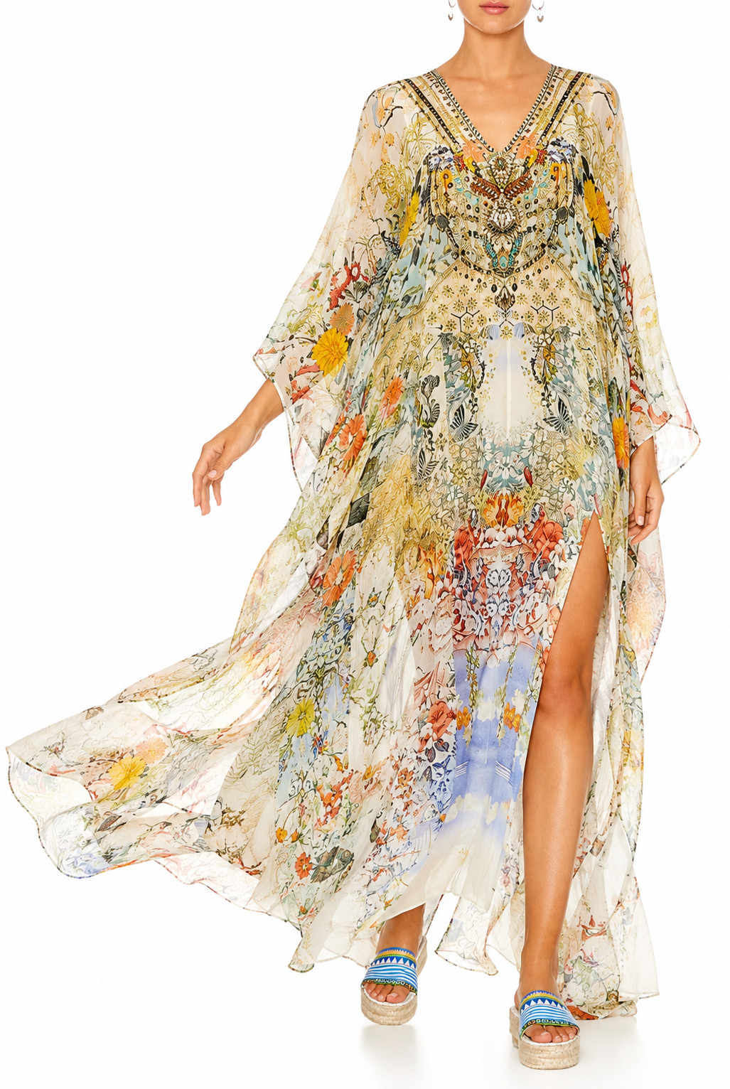 CAMILLA LADY LABYRINTH SPLIT FRONT & SLEEVE KAFTAN SILK CRYSTALS ONE SZ