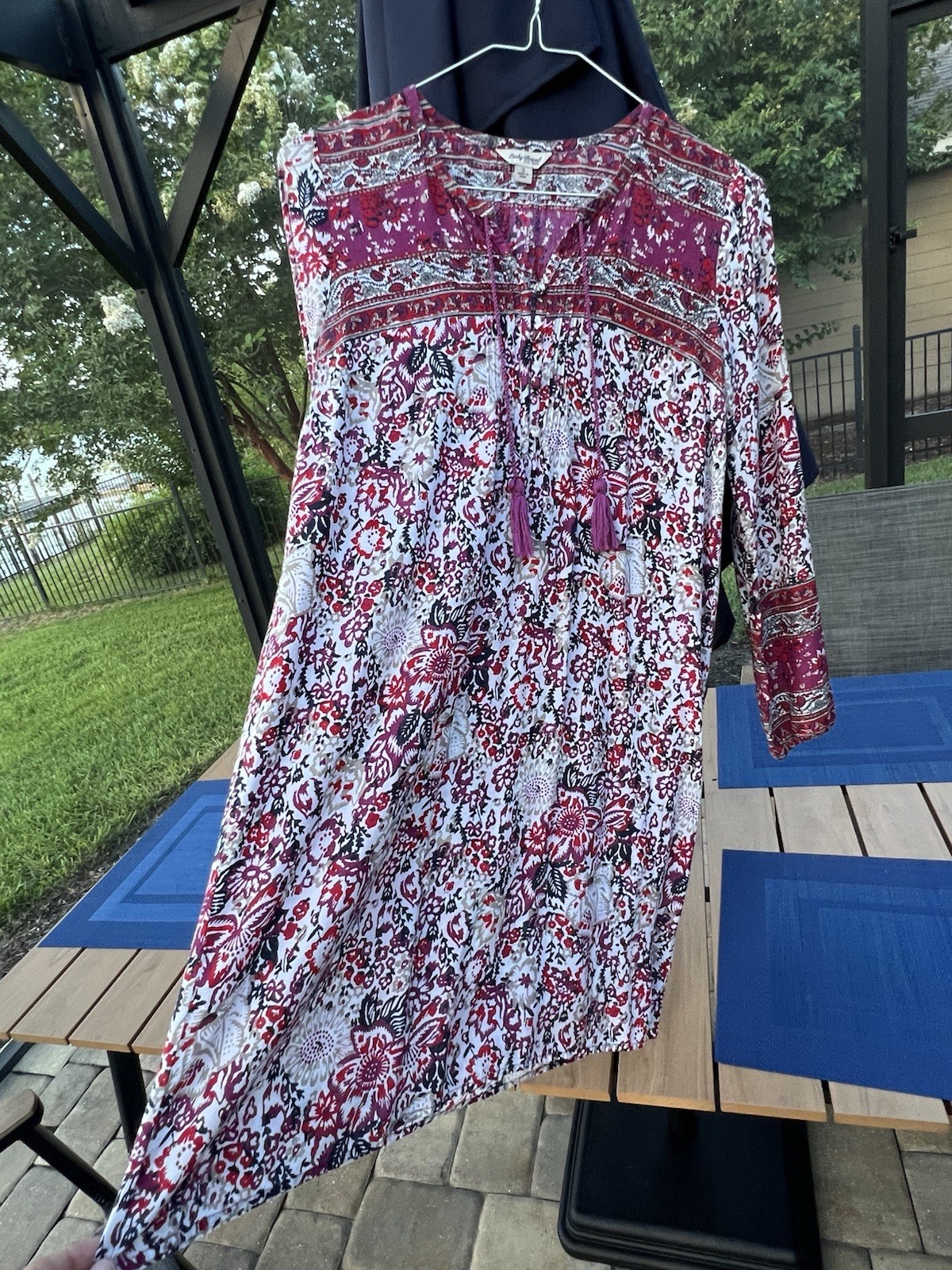 Lucky Brand Boho Floral Long Sleeve Tunic Dress Small Burgundy Tassel Tie