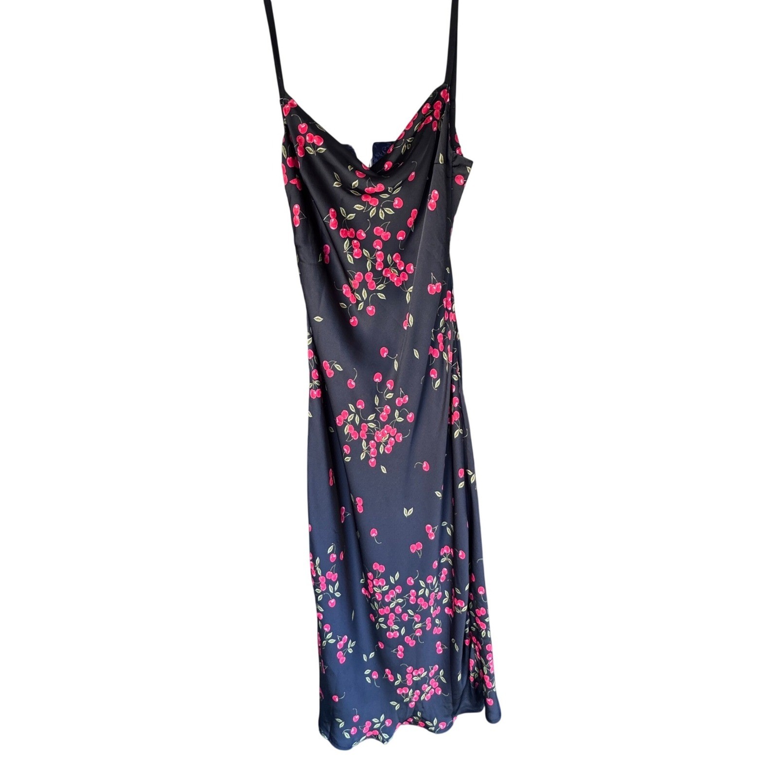 VICI Black Cherry Print Cowl Neck Maxi Dress Medium Open Back Side Slit Summer