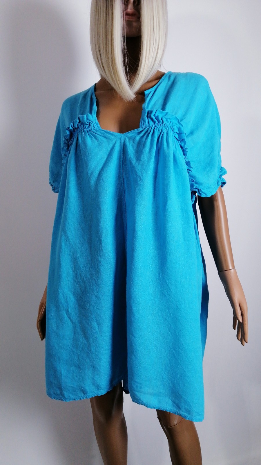 Kit and Kaboodal 100% Linen Turquoise Boho Tunic Dress One Size Oversized
