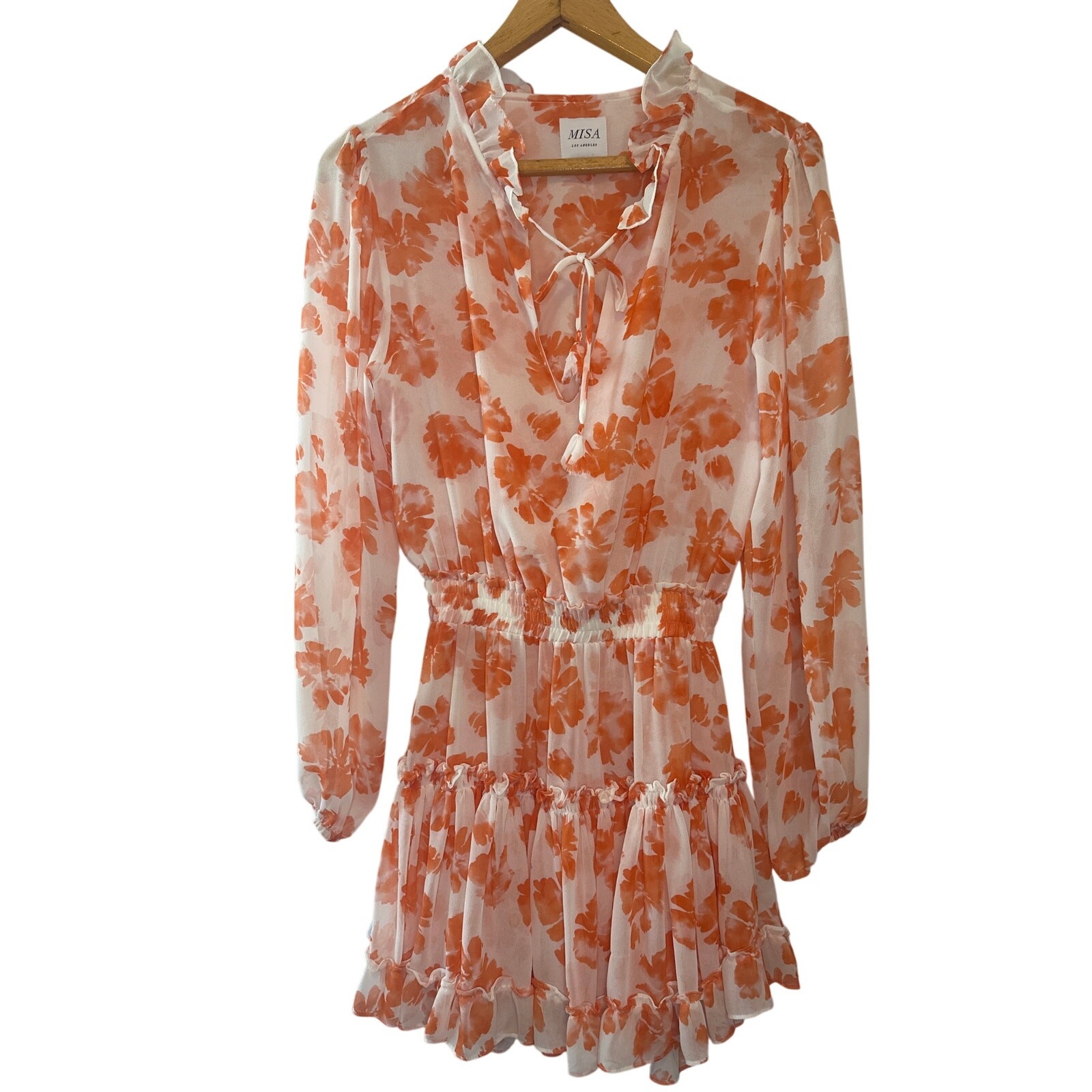 MISA Los Angeles Lorena Orange Floral Ruffle Mini Dress Long Sleeve XS