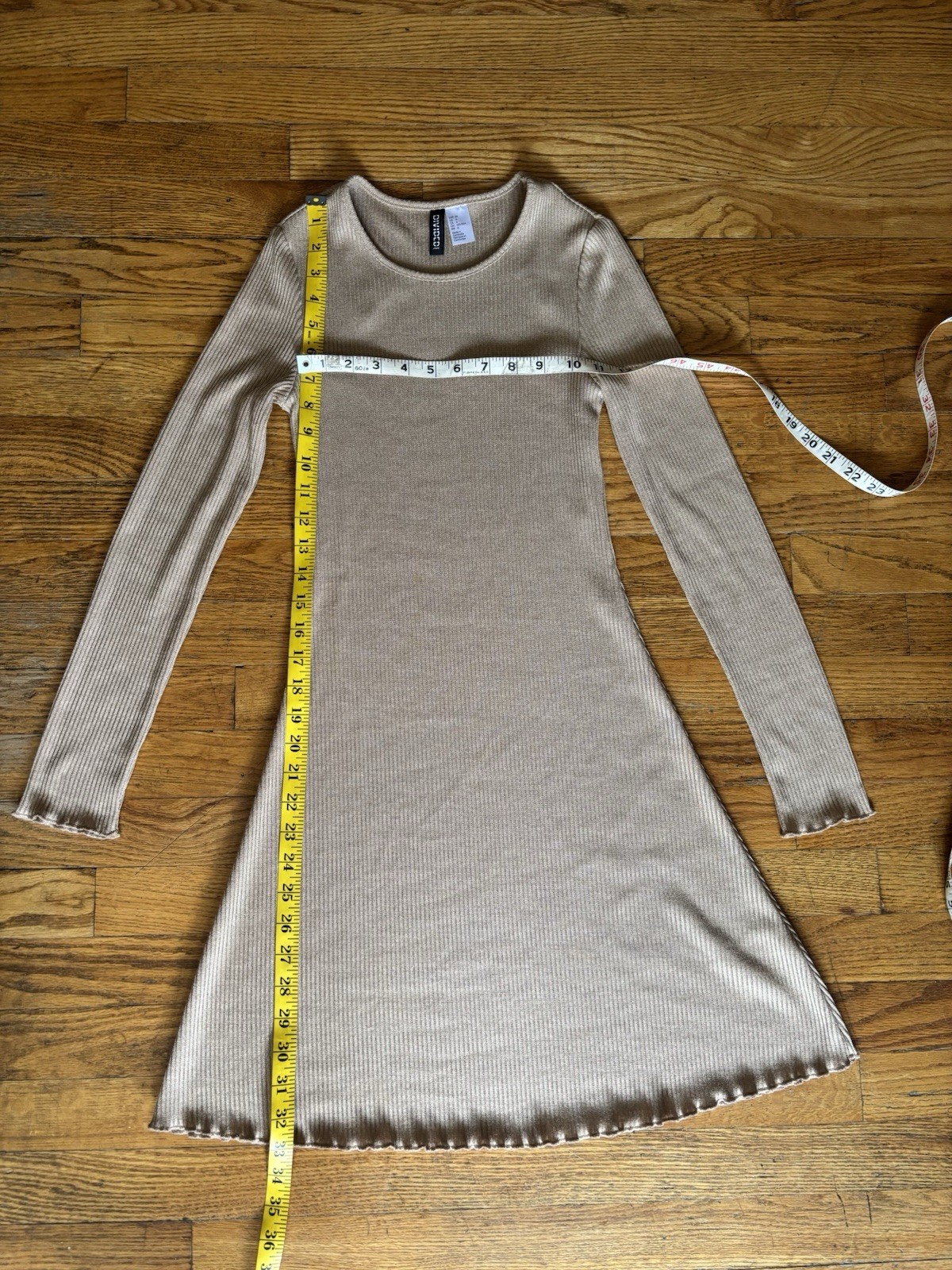 H&M Beige Ribbed Knit Ruffle Round Neck Bodycon Mini Dress Long Sleeve 6 / S