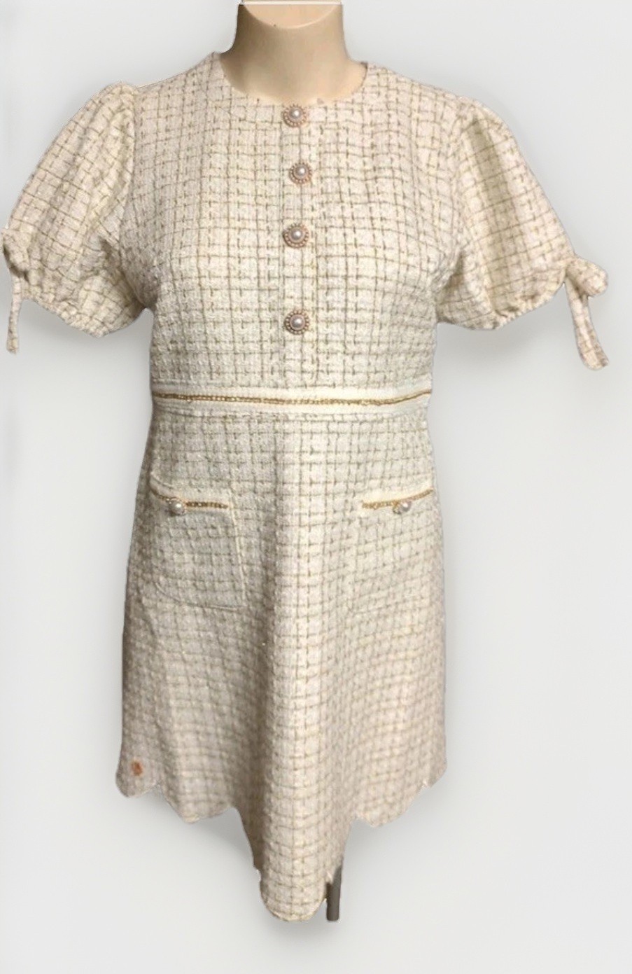 NWT Women’s Medium Simply Southern Ivory Gold Tweed Scalloped Short Preppy Dress