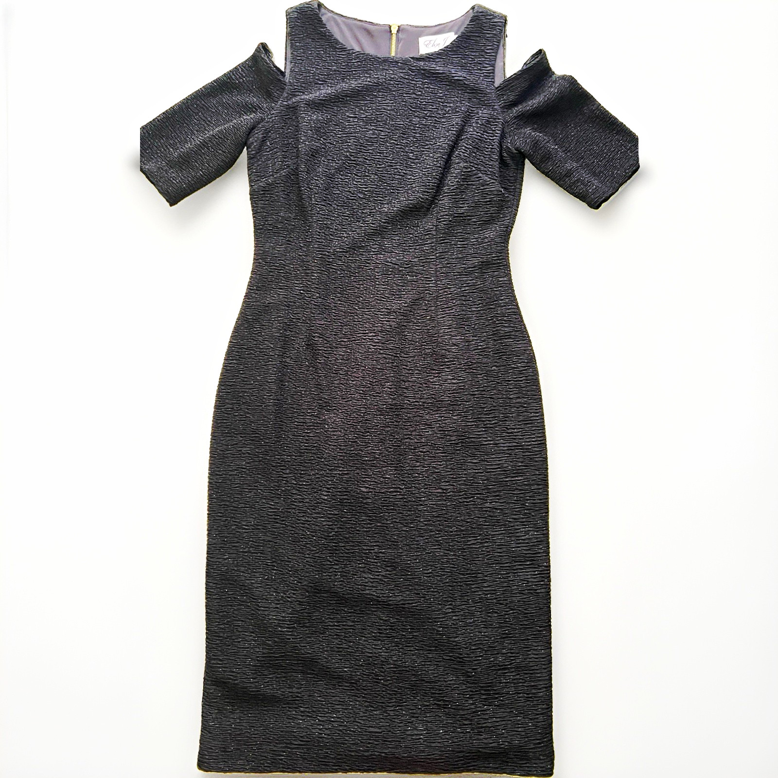 Eliza J Black Knit Sheath Dress Cold Shoulder Short Sleeve Round Neck Knee 2