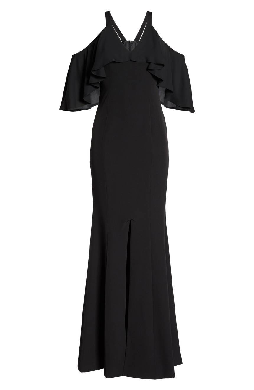 JAY GODFREY Black Flutter Chiffon Overlay Cold Shoulder Maxi Gown Dress 6 US S
