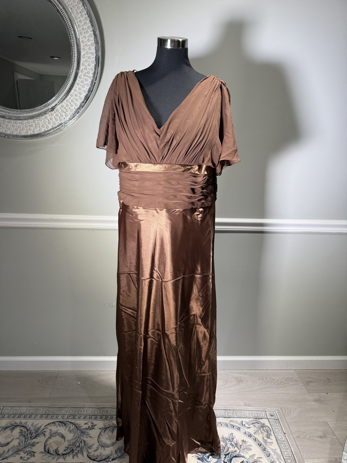 Bronze Metallic Satin Formal Gown Ruched Bodice Size 14 / 4XL Floor Length Dress