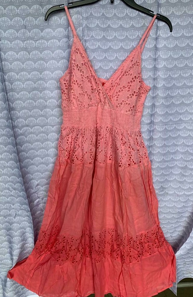 Women v neck cotton eyelet dress solid ombre elastic spaghetti strap summer US